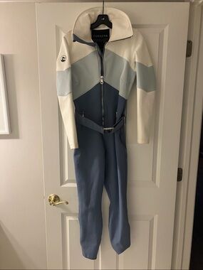 Cordova Women's Colorblock Ski Onezie in Blue and Cream